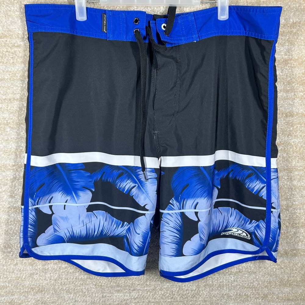 Pipeline Mens Tropical Palm Leaf Board Shorts Swim Trunks Black Blue Size 38
